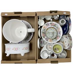 Ceramics to include a set of 11 Paragon Country Lane dinner plates, Minton Haddon Hall circular dish, Poole pottery bowl, various mugs, Limoges cup & saucer, a pottery planter in the form of a tea cup and saucer etc in two boxes