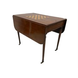 George III mahogany drop leaf games table, the reversible sliding top with satinwood parquetry chessboard, opening to reveal an inlaid backgammon board, raised on turned tapering supports terminating in brass cups and castors
