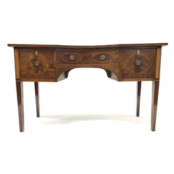 George III mahogany sideboard, rectangular top with break reverse bow front centre and drawer, two cupboards either side, the front inlaid with rectangular satinwood and oval figured mahogany panels, on square tapering supports, W152cm, H88cm, D55cm