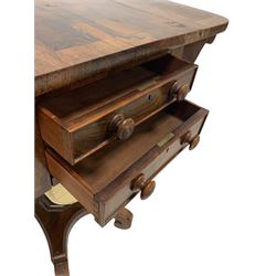 William IV rosewood sewing or work table, rectangular crossbanded drop-leaf top, fitted with two mahogany lined frieze drawers over sliding storage well, raised on curved support with octagonal pedestal, decorated with moulded collar and beading, terminating in quadriform base with scrolled feet and castors