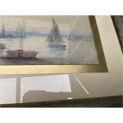 Continental School (Early 20th Century): Low Tide in the Harbour, watercolour indistinctly signed 12cm x 17cm; together with a selection of variously signed maritime prints including Robert Leslie Howey and one original oil signed with monogram 'RE', dated 2008 max 42cm x 62cm (5)