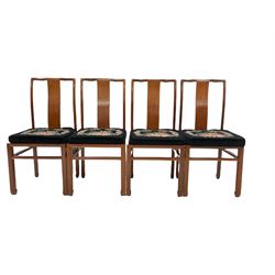 Contemporary Chinese rosewood extending dining table, the extendable top, raised on square supports, with additional leaf (W167cm, H76cm, D106cm) together with eight chairs of similar design 