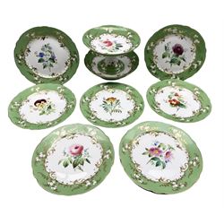 Victorian dessert service, each piece painted with a panel of different flowers within a green and gilt border comprising tall and low comports and eight plates, pattern 4726  (10)
