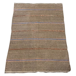 Flatweave brown ground rug decorated with lineal design