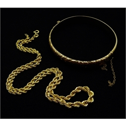 Gold bangle and rope twist necklace, both hallmarked 9ct, approx 13.8gm 
