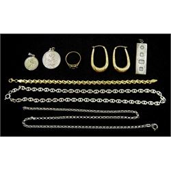 Pair of gold hoop earrings, cross link bracelet, and stone set cluster ring, all 9ct, silver chain necklaces and three silver pendants