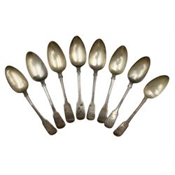 Pair of George IV silver fiddle pattern table spoons engraved with initial 'B' London 1827 Maker Benjamin Davis  and six other 19th century silver fiddle pattern table spoons, various dates and makers (8)