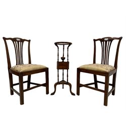 Pair of 19th century country elm dining chairs, shaped eared cresting rail over vertical pierced splat, upholstered drop-in seats, on chamfered supports united by plain stretchers (W50cm, H94cm); pair of George III walnut side chairs, arched cresting rail over scrolled and pierced splat, drop-in upholstered seat, square tapering supports united by plain stretchers; George III design tripod washstand, fitted with lidded urn shaped compartment over two small drawers, on three splayed supports (H86cm) (5)
Provenance: From the Estate of the late Dowager Lady St Oswald