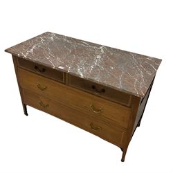 Edwardian inlaid mahogany washstand, rectangular marble top over two short and two long drawers with banded inlay, raised on square supports with brass and ceramic castors 