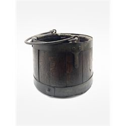 19th century coopered oak bucket of tapering form with swing handle, D31cm x H23cm 