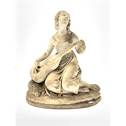 20th century marble statue of a seated lady holding a guitar 