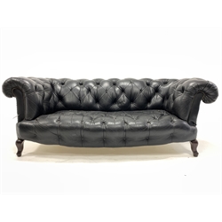 19th century chesterfield two seat drop arm sofa, upholstered in buttoned black leather, raised on mahogany supports, W193cm