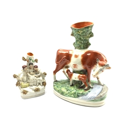 Victorian Staffordshire figural spill vase and reproduction Staffordshire type spill vase, H27cm 
