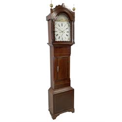 Mid-19th century - mahogany 8-day longcase clock, with a break arch pediment and two brass finials, conforming hood door with pie-crust decoration flanked by rope twist pilasters, inlaid trunk with canted corners and a short flat topped door, on a square plinth raised on a shaped base, with a painted dial depicting the four seasons to the spandrels and an elegant country house to the arch, with roman numerals, minute track, subsidiary seconds and date dials and matching steel hands, unsigned dial pinned to a rack striking movement striking the hours on a bell. With weights and pendulum.