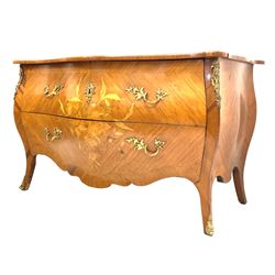 French Louis XV design commode of serpentine outline and with inlaid decoration, fitted with two drawers, gilt metal mounts and sabot feet W127cm H81cm, D65cm