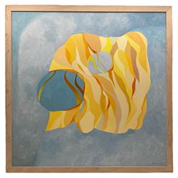 Jane Harris (British 1956-): Optical Abstract in Blue and Yellow, oil on board signed and dated '02, 90cm x 90cm