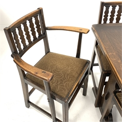 ercol oak draw leaf dining table on shaped end supports connected by stretcher (H73cm, 71cm x 114cm - 174cm), and set six (4+2) dining chairs 