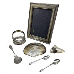 Carr's of Sheffield silver photograph frame 22.5cm x 17.5cm, pair of modern hammered silver bangles, by E.R, Birmingham 2007, two silver teaspoons, mother-of-pearl heart shaped trinket box etc 3.3oz weighable
