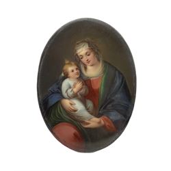 Late 19th century Continental porcelain plaque depicting Madonna and Child, labelled verso 19.5cm x 14.5cm 