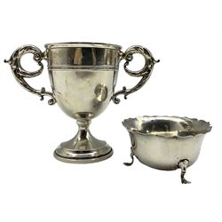  Silver two handled Athletics trophy presented by Brigadier K G Buchanan and won by Duke of Wellington's Regiment H13cm Birmingham 1932 Maker William Hutton and a small silver bowl with presentation inscription Birmingham 1917 7.5oz