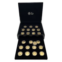 The Royal Mint 'A History of the Monarchy silver proof crown collection', comprising twenty-three Alderney 2007 silver proof five pound coins, each plated in fine gold, cased with certificates 