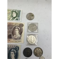 Great British and World banknotes and coins including GB Queen Victoria 1887 sixpence, King George V 1928 half crown, King George VI 1937 shilling, France 1848 five francs, Spain 1869 two pesetas, 1899 one peseta etc, Bank of England O'Brien one pound banknote 'E47L', Page ten pounds 'C36', Fforde five pounds 'S32', nine Somerset one pound notes etc