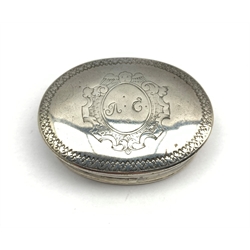 Early 19th century silver oval box with hinged cover, the cartouche inscribed 'A C' with engraved rosette to the base W6cm, marks rubbed 