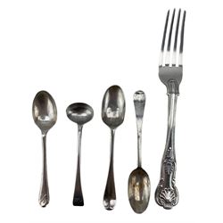 Early 19th century silver salt spoon, Victorian silver Kings pattern dessert fork and three teaspoons