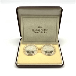United Kingdom 1989 two pound piedfort two coin set, cased with certificate