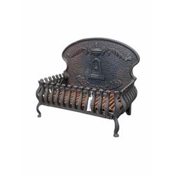 Wrought and cast iron fire grate, the shaped back decorated with a classical urn on stand W54cm