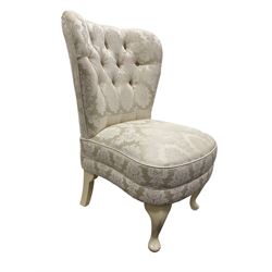 Bedroom chair, upholstered in button-back ivory damask fabric, on cabriole supports