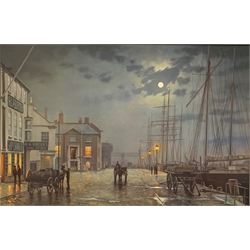 After Rodney Charman, coloured print of a dockside scene, 50cm x 75cm 