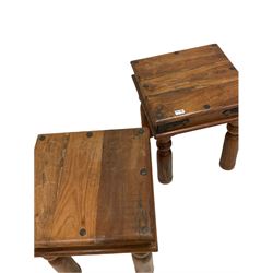 Pair hardwood lamp tables, the iron bound and studded box tops raised on turned supports 