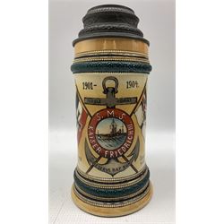 German Naval stein commemorating the battleship S.M.S. Kaiser Friedrich III with a list of the crew and dated 1901-1904, the domed pewter cover with a bust of Prinz Heinrich Von Preussen and the base inscribed 'Stuhrk'  H23cm