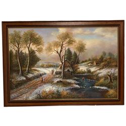 M Davidson (British contemporary): Winter Countryside Scene, signed 60cm x 90cm