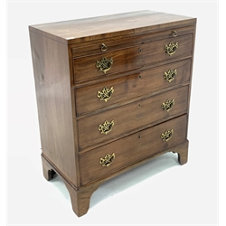 George III mahogany chest with ebonised string inlay, baize lined brushing slide and four long graduated cock beaded drawers, raised on shaped bracket supports 