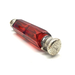 Victorian silver-mounted ruby glass double-scent bottle, L12cm 