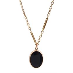 9ct rose gold oval goldstone and black onyx pendant necklace by David Scott Walker, Sheffield 1985, on 9ct gold fancy link chain, hallmarked