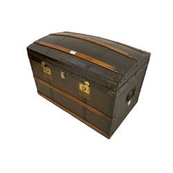 Early 20th century travelling trunk, hinged dome top with iron fittings FER stamped to side