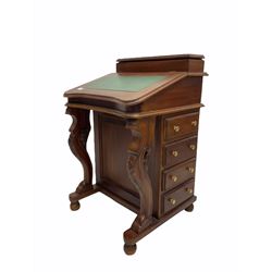 Victorian style mahogany davenport, the top with lift up storage compartment over sloped fall writing surface inset with green skiver and drawers inside, the sides fitted with eight drawers, raised on bun supports W54cm