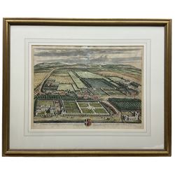 Jan Kip (Dutch 1652-1722) after Leonard Kynff (Dutch 1650-1722): 'Kirkleatham' and 'Acklam in Cleveland', pair engravings with hand colouring pub. by Joseph Smith 1707, 36cm x 47cm (2)