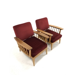 Vintage Pair of mid 20th century retro elm and beech open armchairs, with red velvet upholstered back and loose cushions, raised on splayed supports - Design influenced by George Nakashima, W74cm