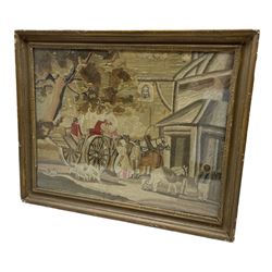 After Morland - Early 19th Century woolwork picture on silk with horse and cart, figures, dog and pony etc outside an Inn 44cm x 56cm