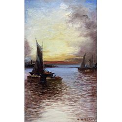 S E Melville (British 19th/20th century): Sailing off the Dutch Coast, oil on canvas signed and dated 1901 together with W H Berry (British 20th century): Sailing Vessels at Sunset, oil on board signed max 24cm x 40cm (2)