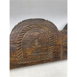 Carved fruitwood Yoke with geometric decoration, L104cm, three vintage wooden bird cages etc 