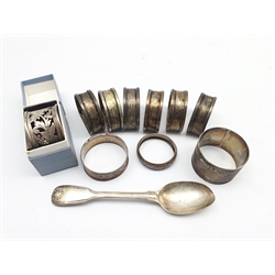 Number of early 20th century silver serviette rings and a William IV silver teaspoon 5.2oz