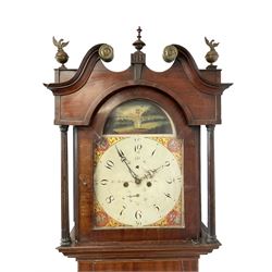 William Hellewell of Leeds - Mid 19th century mahogany 8-day longcase clock, with a swans neck pediment and finials, break arch hood door with reeded pilasters to the sides, broad trunk with reeded columns and a triple spire topped door on a rectangular plinth with canted corners, painted dial with tumbling Arabic's, matching spandrels and a depiction of an agricultural lady gathering in the harvest to the arch, with secondary date and seconds dials and matching brass hands, dial pinned directly to a rack striking movement, striking the hours on a bell.
With pendulum and weights. 