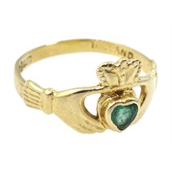 Irish 14ct gold Claddagh ring set with an emerald, Dublin 1989
