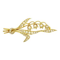 Early 20th century gold pearl lily of the valley brooch, stamped 15ct, in velvet and silk link box by Albert E Bulley, Filey