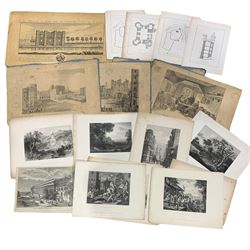 Large collection of 18th and 19th century engravings and etchings of predominantly landscape scenes including plans of Tattershall Castle (50+)